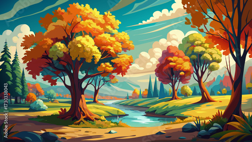 Very beautiful trees captured in an oil painting, creating an artistic background with textured brushstrokes, natural charm, vibrant colors, expressive depth, serene atmosphere, timeless scenery, 