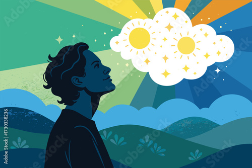 Silhouette of a person looking up at a sky with two suns and stars.