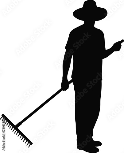 Gardener with rake silhouette illustration, cartoon-style outdoor labor scene, rural lifestyle artwork, manual work concept, nature care icon