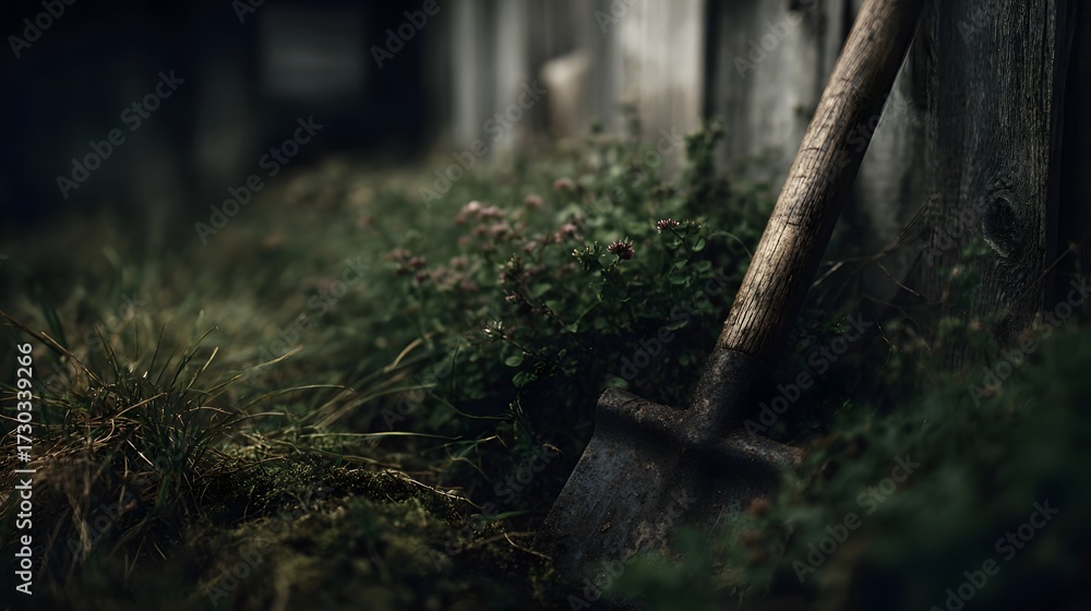 Fototapeta premium An old rusty shovel leans against a weathered wooden wall amid overgrown garden weeds and foliage