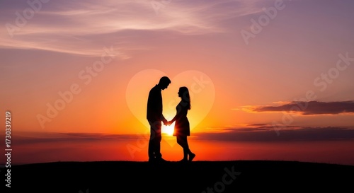 Romantic Encounter at Sunset: Couple in Silhouette Holding Hands Affectionately