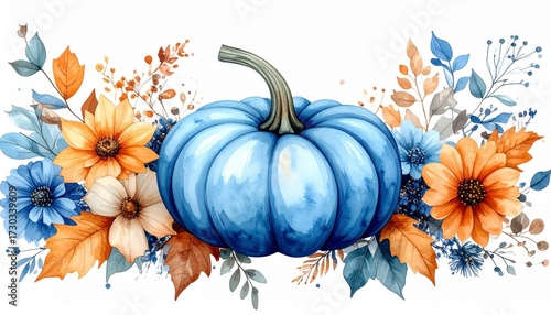 autumn floral elements with blue pumpkin watercolor isolated. Perfect fall decoration blue gourd flower leaf paint design.
