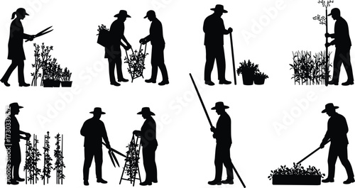 Gardening activities silhouette illustration, cartoon-style nature care scene, manual plant work artwork, sustainable lifestyle concept, outdoor hobby icon