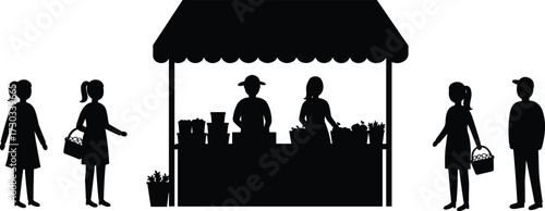 Marketplace silhouette illustration, cartoon-style community commerce scene, traditional shopping artwork, public interaction concept, rural economy icon