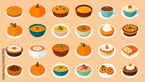 Autumn food flat icon set. pumpkin pie soup and cookie icons flat collection. Seasonal fall food icon. tasty dessert warm dish and sweet treat flat design element.