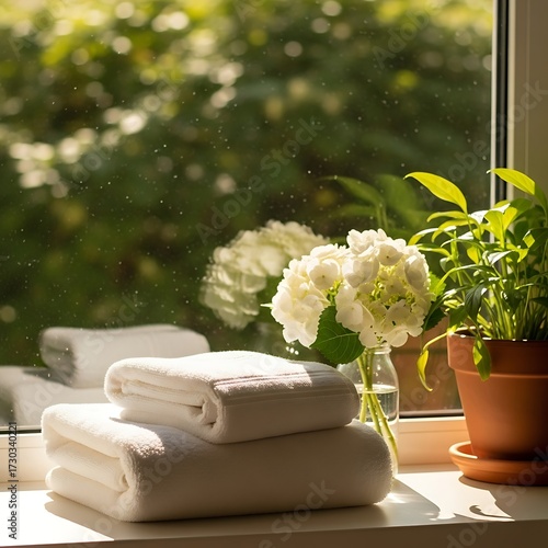 White Towels on Windowsill with Flowers and Plants.