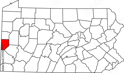 Detailed vector map of Pennsylvania, USA, highlighting Beaver County in the Western Pittsburgh metro area.


