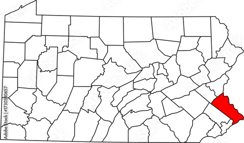 Detailed vector map of Pennsylvania, USA, highlighting Bucks County, a northern Philadelphia suburb.

