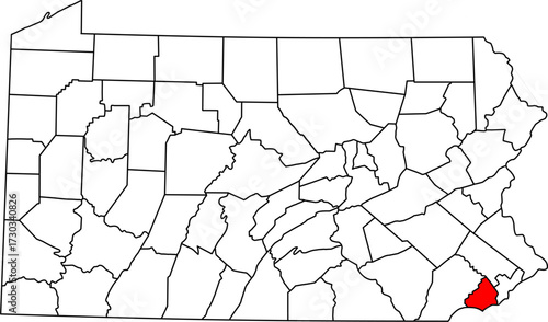 Detailed vector map of Pennsylvania, USA, highlighting Delaware County, a key Philadelphia suburb bordering Delaware.

