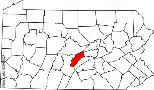 Detailed vector map of Pennsylvania, USA, highlighting Mifflin County in the central Juniata River Valley.

