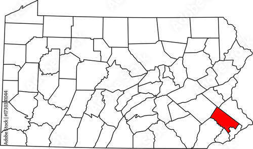 Detailed vector map of Pennsylvania, USA, highlighting Montgomery County, a key Philadelphia suburb.

