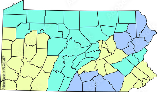 Colorful detailed vector map of Pennsylvania state, illustrating political divisions or economic regions.

