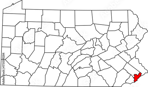 Detailed vector map of Pennsylvania, USA, highlighting Philadelphia County and the dense metropolitan city.


