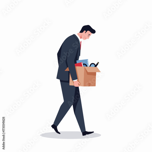 Flat Illustration Sad Man Fired Holding Box Walking Alone Character