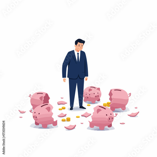 Flat Illustration of Depressed Businessman with Broken Piggy Banks Money Savings Crisis
