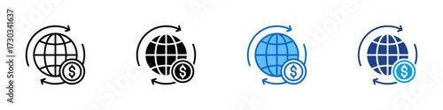 Global Currency Multiple Style Icon Design Vector - Globe with dollar coin, symbolizing international trade, economy, and finance