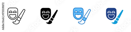 Theater Art Multiple Style Icon Design Vector - Comedy mask with paintbrush, symbolizing theater, acting, and creative arts