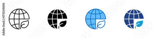 Eco Globe Multiple Style Icon Design Vector - Globe with a leaf, representing global ecology, sustainability, and green environment