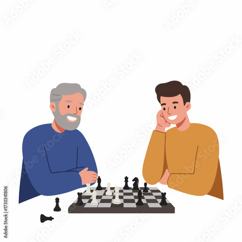 Flat Illustration Grandfather Playing Chess with Grandson Family Activity Scene