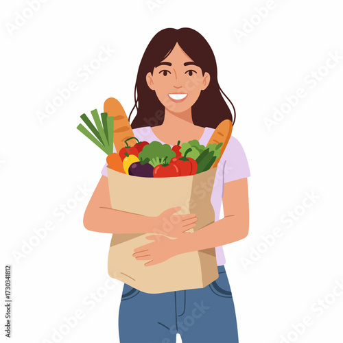 Flat Illustration Cheerful Woman Carrying Paper Bag Full of Groceries