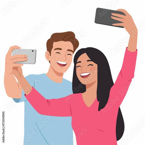 Flat Illustration Cheerful Young Couple Taking Selfie with Smartphone Device