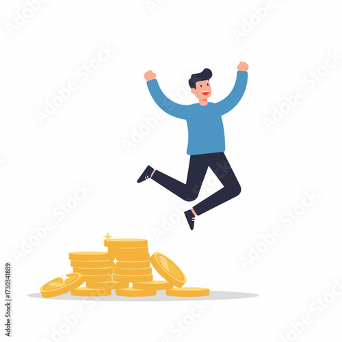 Flat Cartoon Style Man Jumping with Pile of Gold Coins Illustration