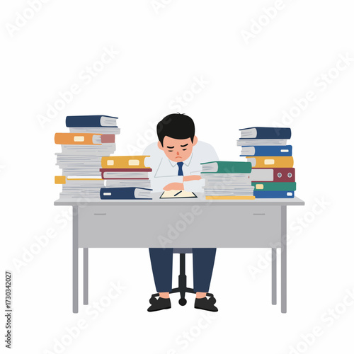 Flat Illustration Overworked Stressed Businessman Surrounded by Piles of Documents
