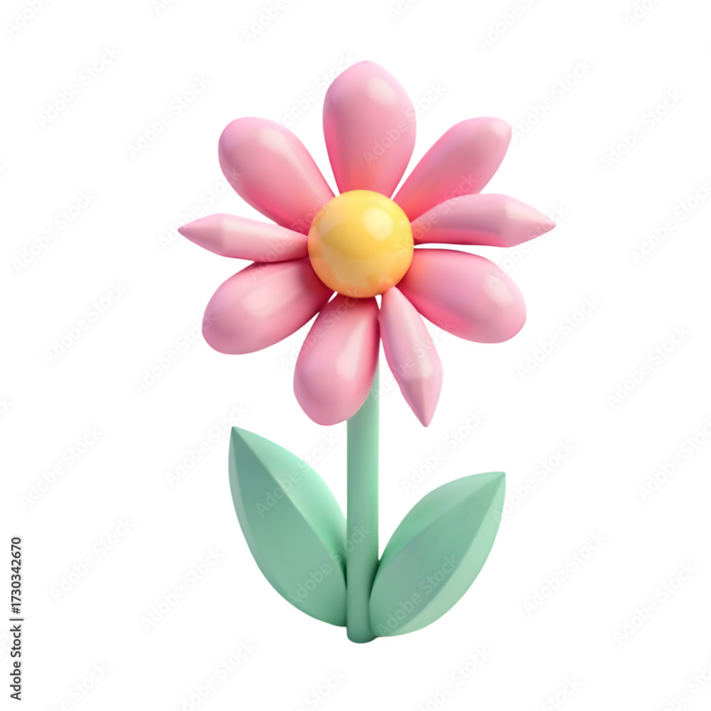 Naklejka premium Colorful Cartoon Pink Flower with Yellow Center and Green Leaves on Transparent Background