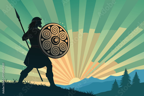 Silhouette of a warrior with spear and shield at sunrise.