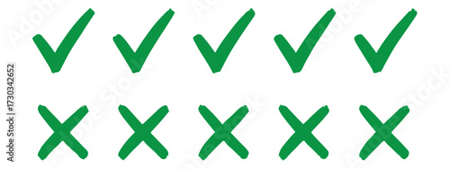 Grunge brush stroke checkmarks with tick and cross symbols. Green and re grunge style vector illustration of two checkbox icons on a white background. Hand drawn tick and cross, x mark, yes no buttons