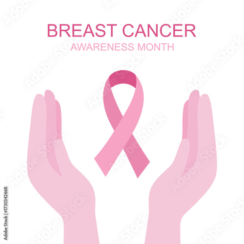Woman breast cancer awareness month concept vector illustration. Females with pink ribbon logo on dress in flat design.