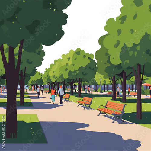 People walk on a path through a city park with green trees under the summer sky 