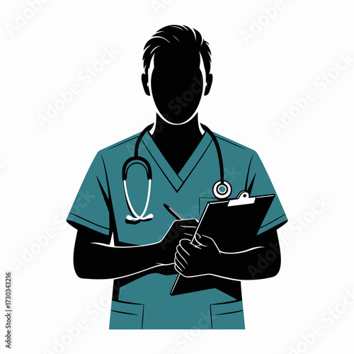 Silhouette of a doctor wearing scrubs and holding a clipboard