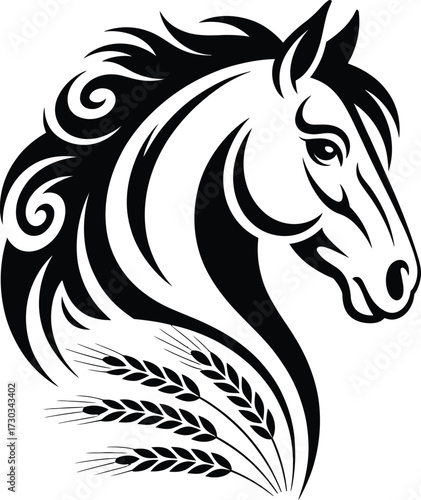Black and White Galloping Horse Illustration, A dynamic illustration of a horse, rendered in black and white, dominates the frame. The horse is depicted mid-gallop, all four hooves off the ground