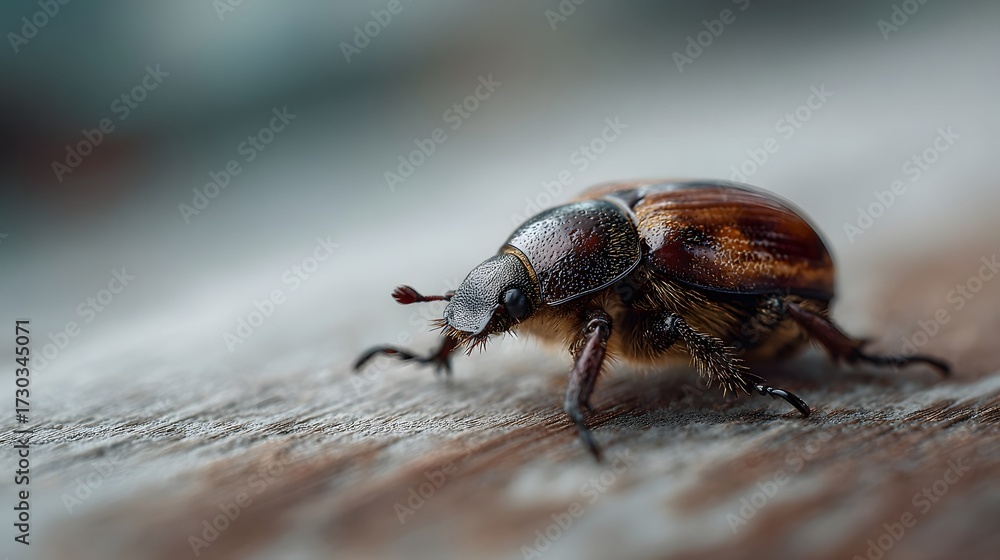 Naklejka premium Close up ro photograph of a detailed brown beetle with hairy legs slowly crawling across a rustic wooden surface
