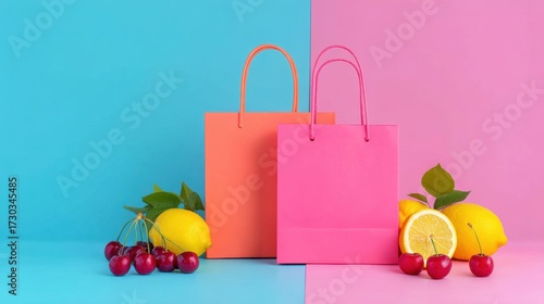 Vibrant shopping bags with fresh lemons and ripe cherries against a colorful split background creating a cheerful retail ambiance