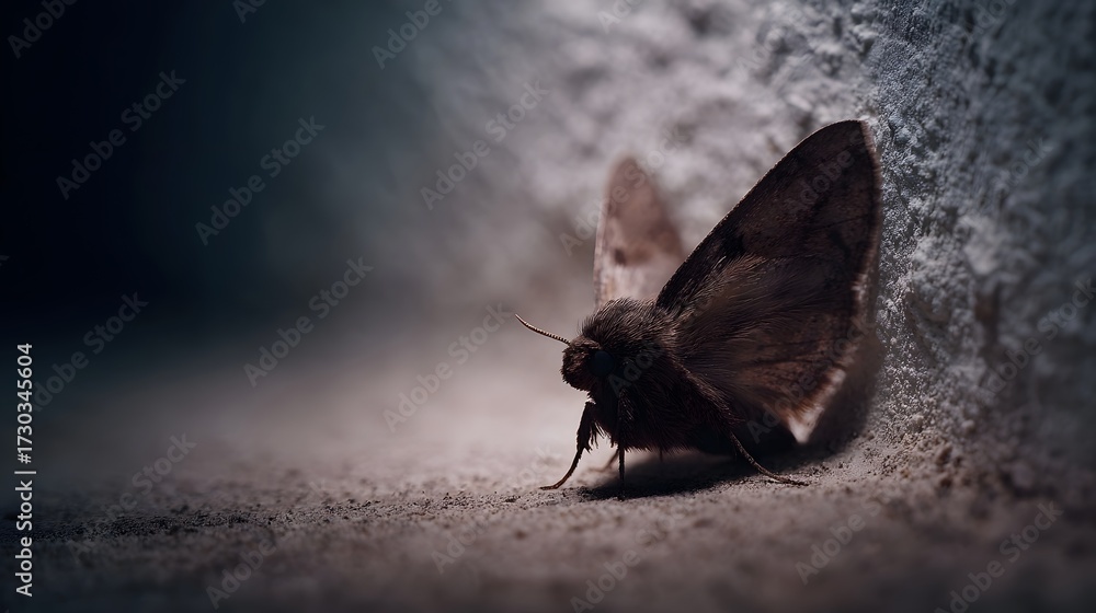 Fototapeta premium A brown moth rests on a textured wall in dim moody lighting with a dark background