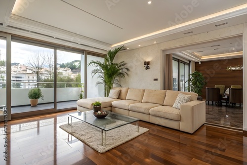 Wallpaper Mural Modern luxury living room with beige sectional sofa, glass coffee table, and designer indoor plant Torontodigital.ca