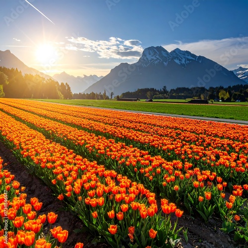 Vibrant Orange Tulip Fields in Mountains.