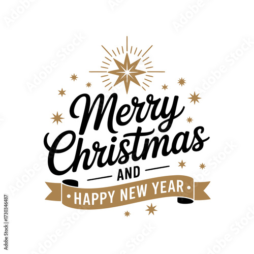 Illustration of a festive merry christmas and happy new year typographic design with a starburst, stars, and a banner