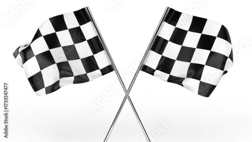 Checkered racing flags crossed isolated on white background, black and white square pattern symbol of motorsport finish line, auto race competition victory concept, professional speed championship des