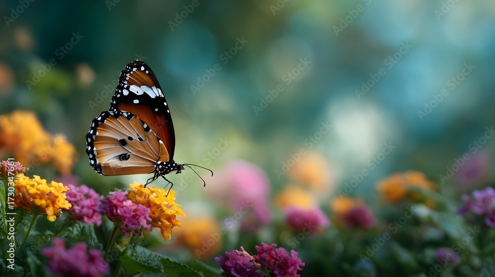Obraz premium A detailed ro photograph of a striking butterfly perched on a cluster of colorful wildflowers in a vibrant garden setting