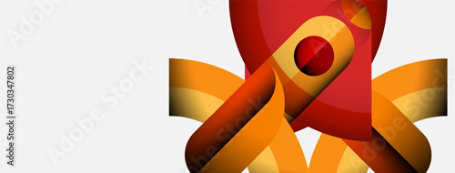 Abstract ribbon design. Red, orange hues dominate. Symbol represents awareness, support, hope. Clean background provides contrast.