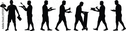 Food service silhouette sequence, dining and serving actions, kitchen tools, waiter and customer roles, hospitality concept, black vector illustration, culinary poses