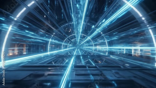 Abstract futuristic tunnel with blue neon light lines, data stream, and technology concept.