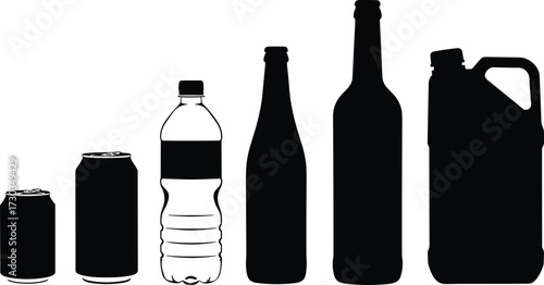 Set of beverage containers silhouette vector illustration, including cans, plastic bottle, glass bottles and jerry can shapes isolated on white background design