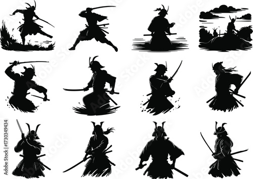 Samurai warrior silhouette set, traditional Japanese fighters in action poses, katana sword combat, martial arts illustration, bushido spirit, vector graphic