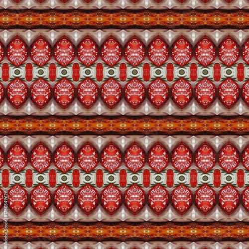 Red and silver kaleidoscope style pattern with repeating geometric texture, creating a striking seamless design for modern art, fashion, and background visuals.