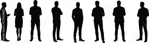 Silhouettes of Business People Standing, Team Discussion, Corporate Meeting Concept, Office Workers, Group of Professionals in Black Isolated Vector