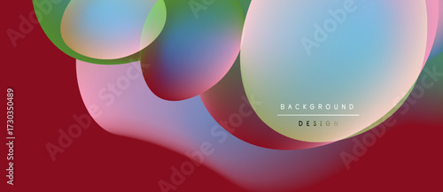 Abstract fluid shapes blend, creating vibrant color gradients. Red dominates background, with blue, green highlights. Modern design element.